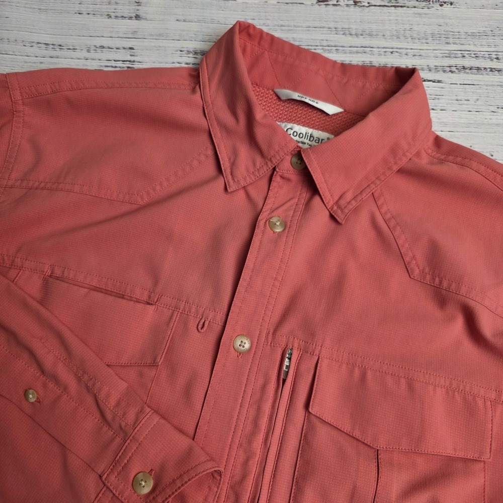 Coolibar Button Up Sun Shirt Mens Large Vented UPF 50 Performance Coral Roll Tab